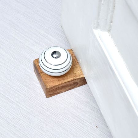 Round White & Silver Pattern Ceramic Wooden Door Stopper